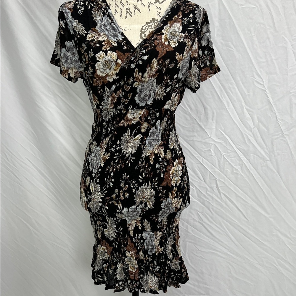Patrons of Peace Black Floral Midi Dress - Brown & Gray Flowers